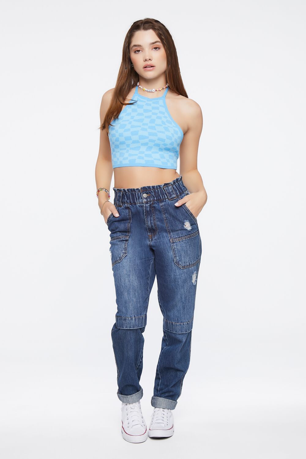 Checkered Sweater-Knit Halter Top
