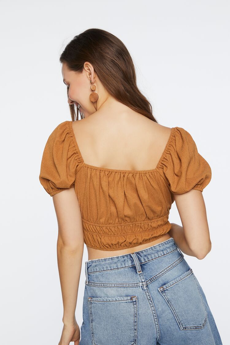 Ruched Puff-Sleeve Crop Top