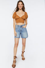 Ruched Puff-Sleeve Crop Top