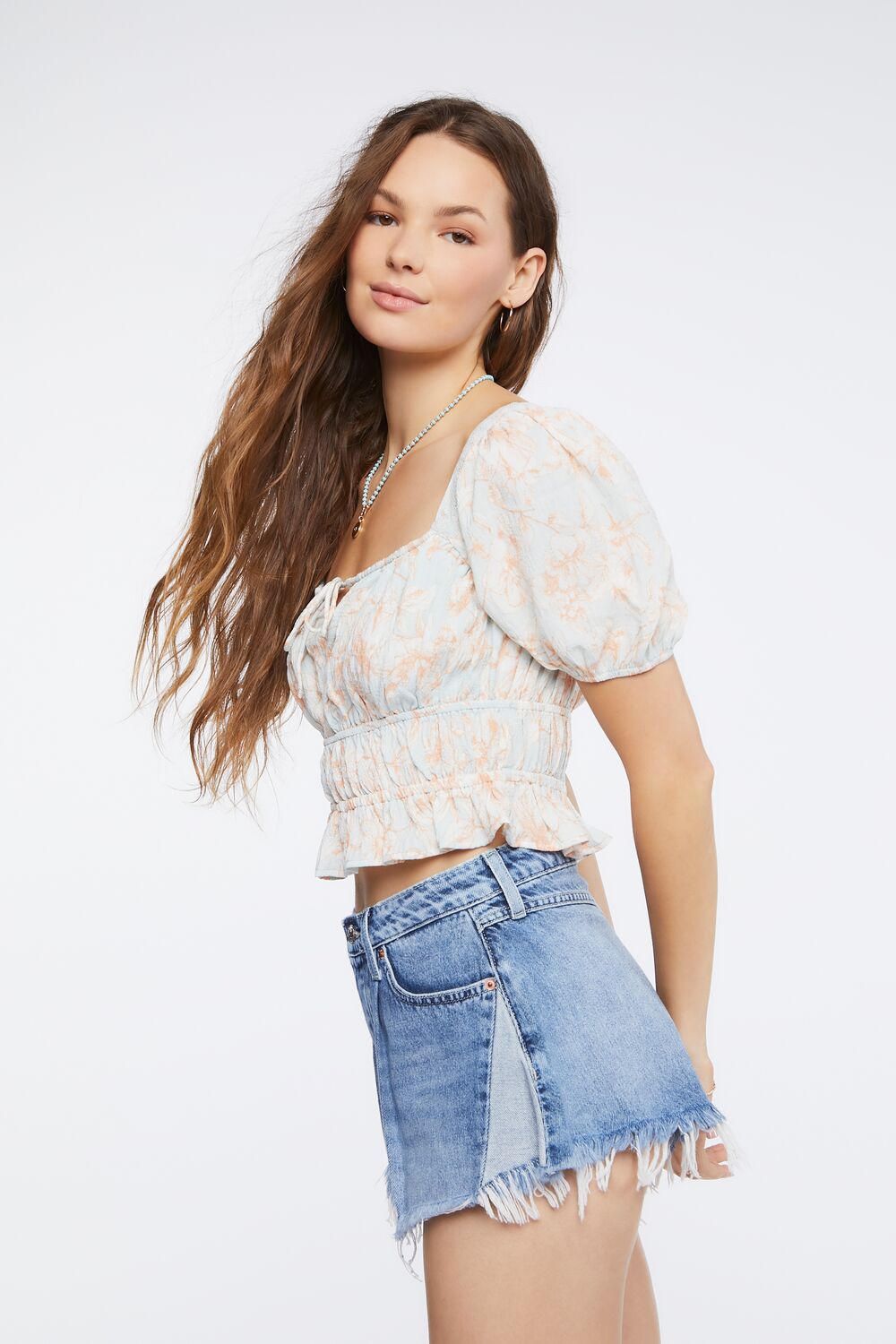 Floral Print Puff-Sleeve Crop Top