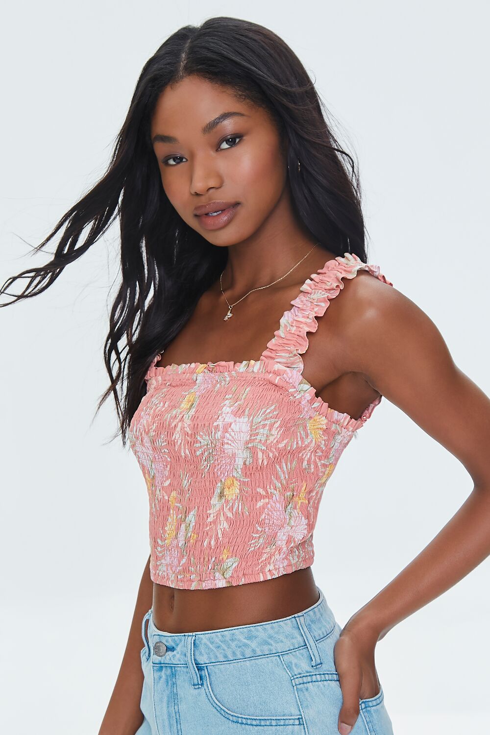 Tropical Leaf Smocked Crop Top