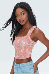 Tropical Leaf Smocked Crop Top