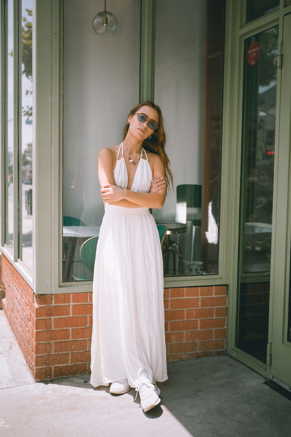 Gauze Plunging Halter Maxi Dress