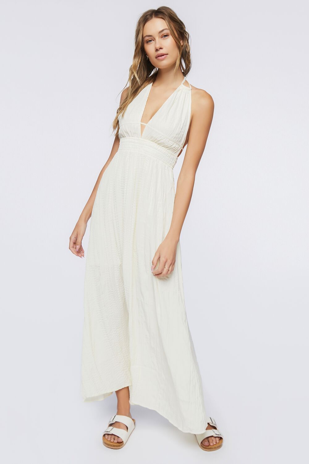 Gauze Plunging Halter Maxi Dress