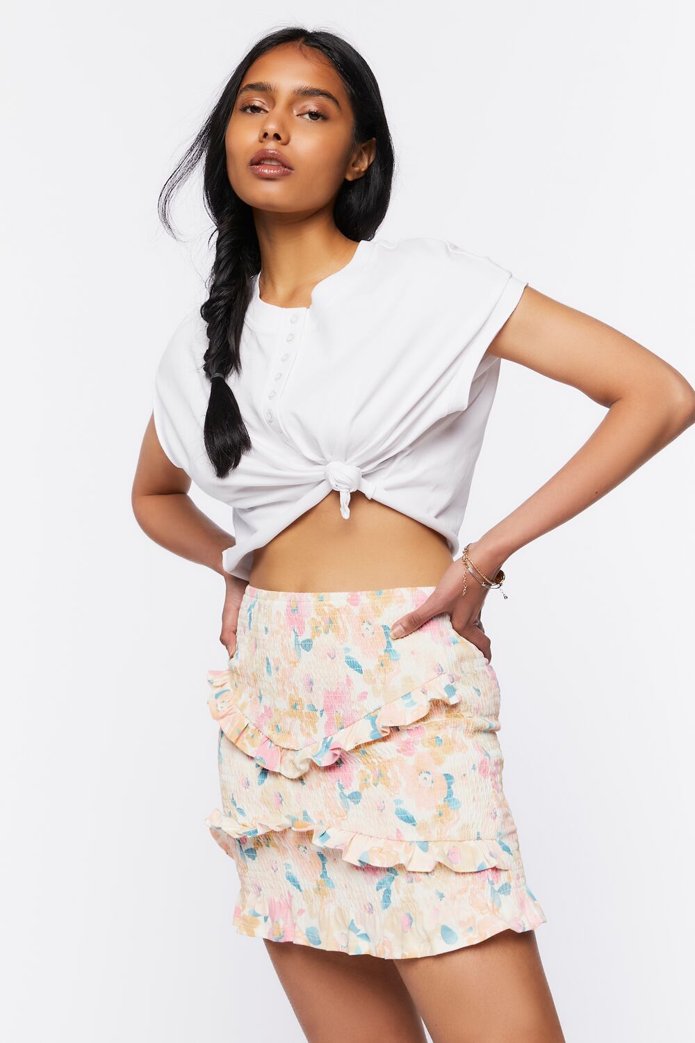 Smocked Floral Print Mini Skirt