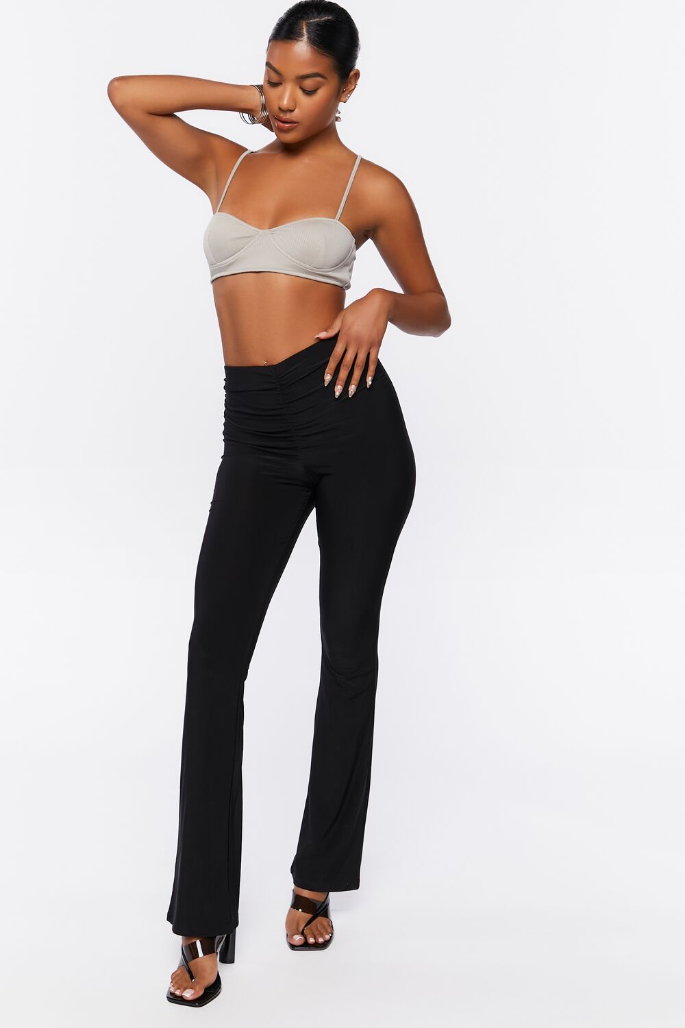 Ruched Mid-Rise Flare Pants