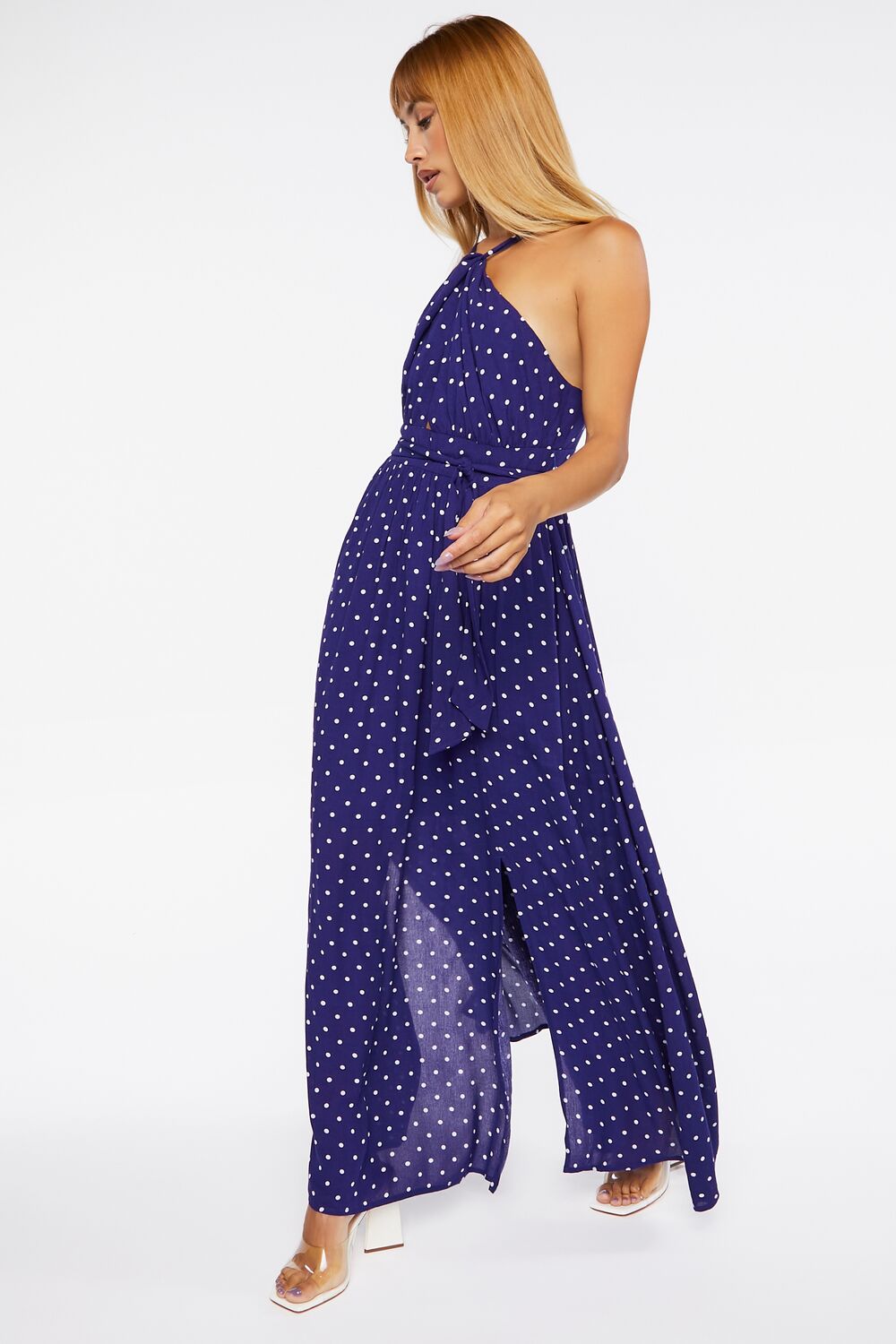 Belted Polka Dot Halter Maxi Dress