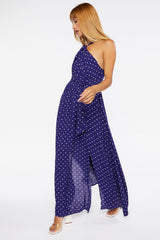 Belted Polka Dot Halter Maxi Dress