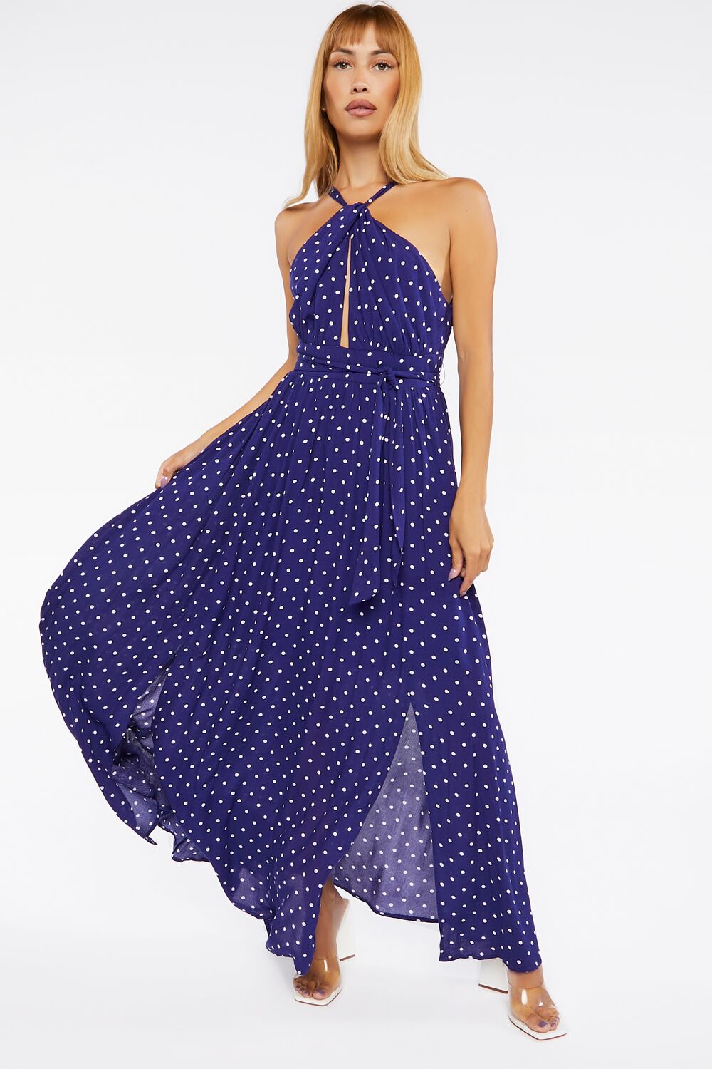 Belted Polka Dot Halter Maxi Dress