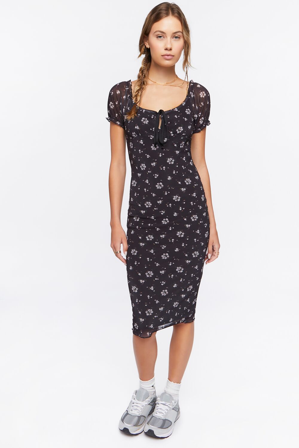 Floral Print Mesh Midi Dress