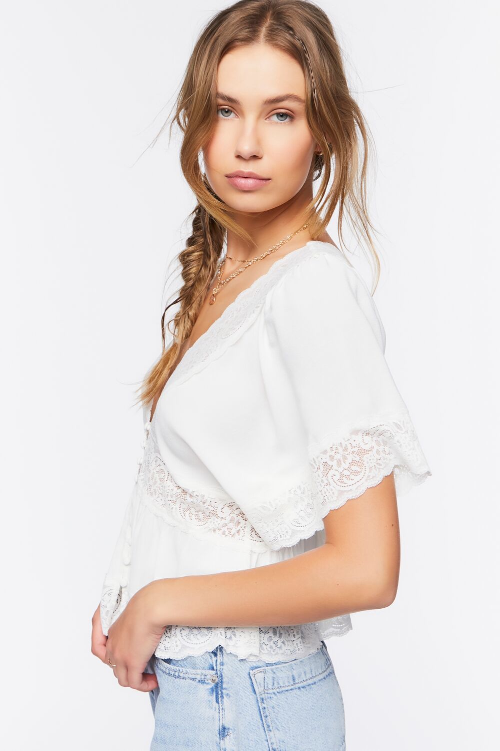 Lace-Trim Button-Front Top