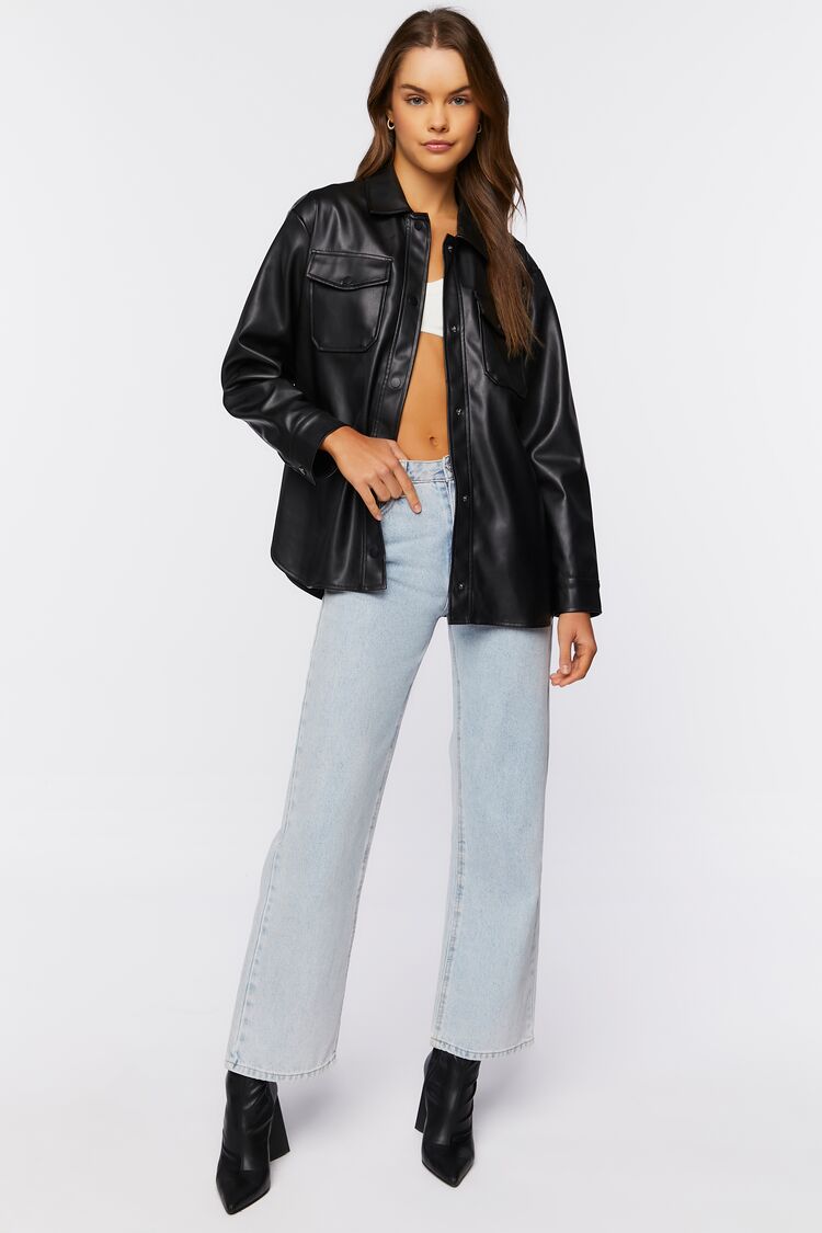 Faux Leather Dolphin-Hem Shacket