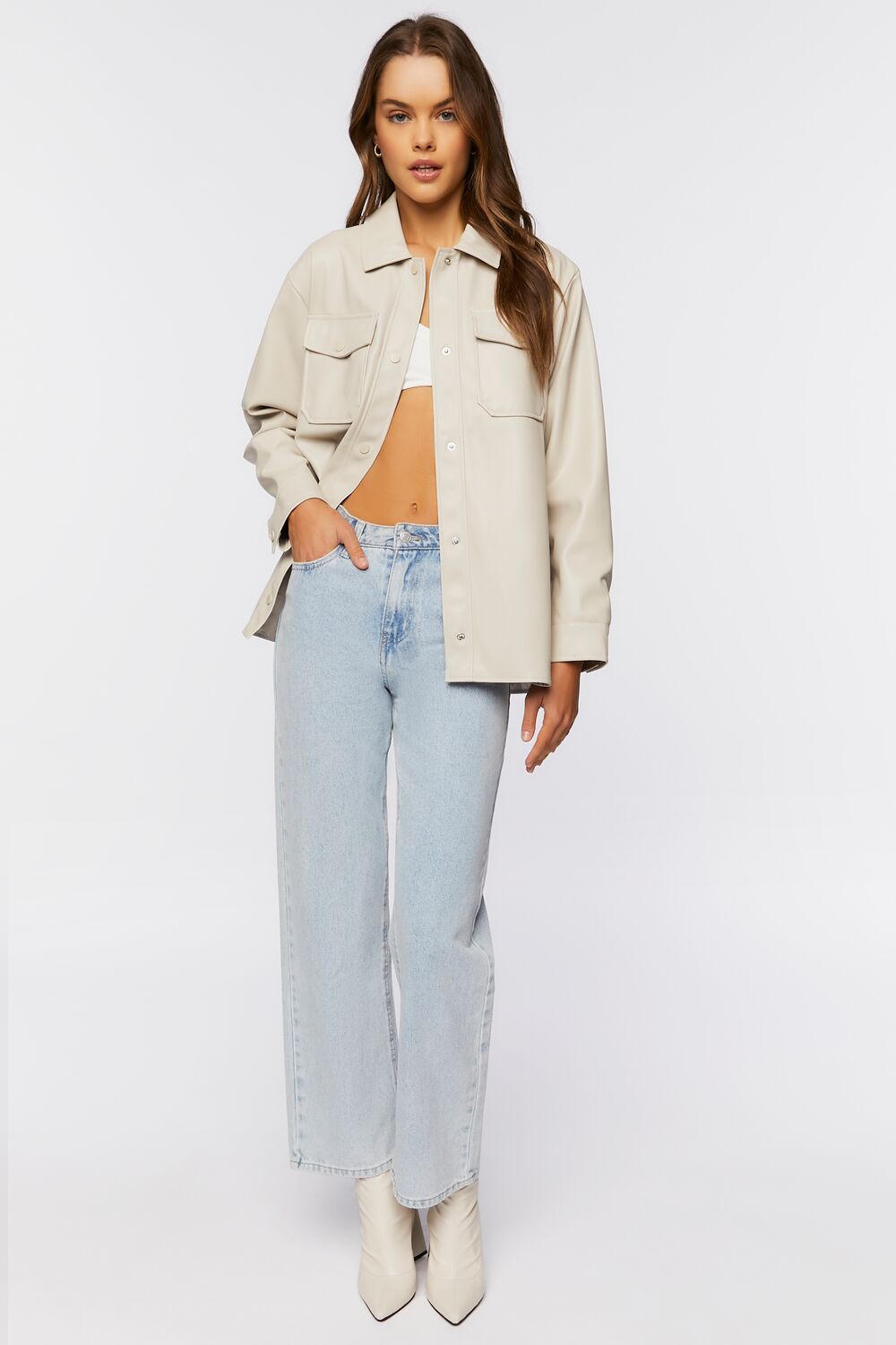 Faux Leather Dolphin-Hem Shacket