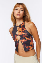Flame Print Cutout Crop Top