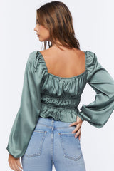 Satin Ruffle-Hem Crop Top