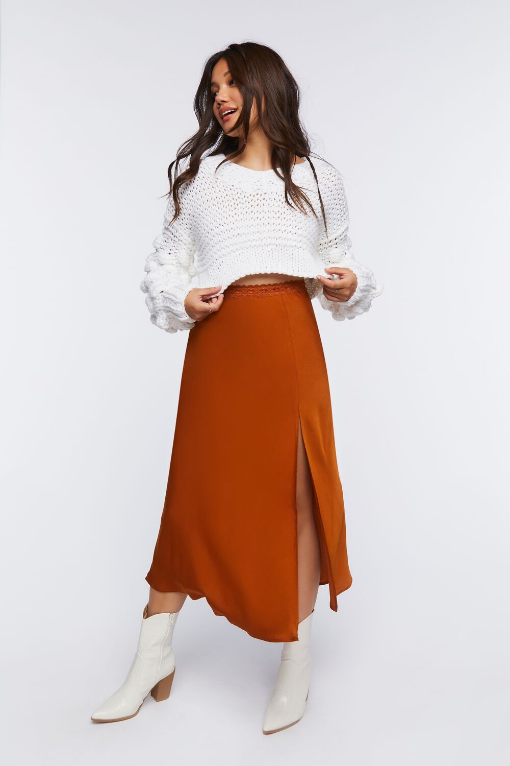 Satin Side-Slit Midi Skirt