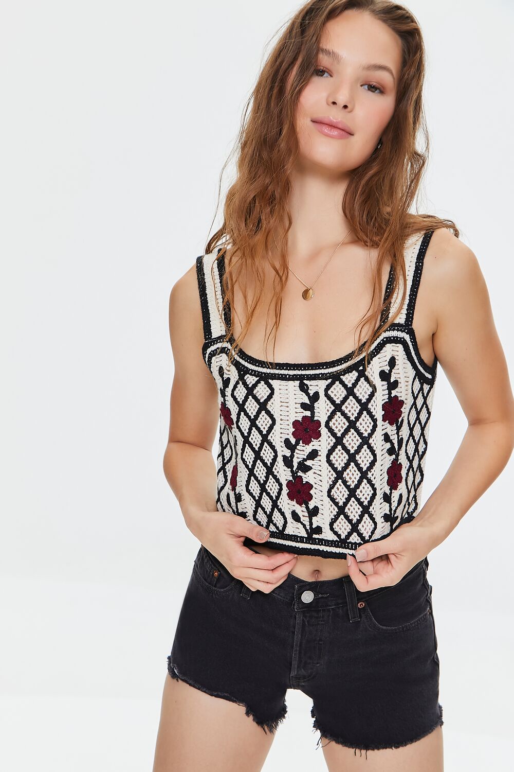 Embroidered Floral Crochet Crop Top
