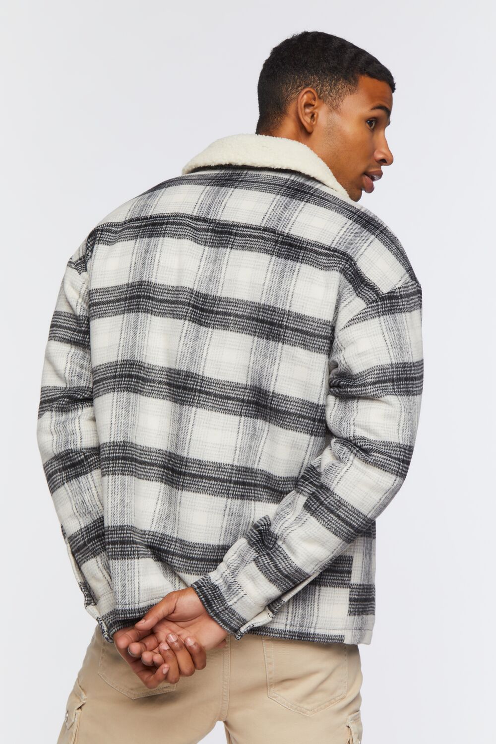 Faux Shearling-Trim Plaid Jacket