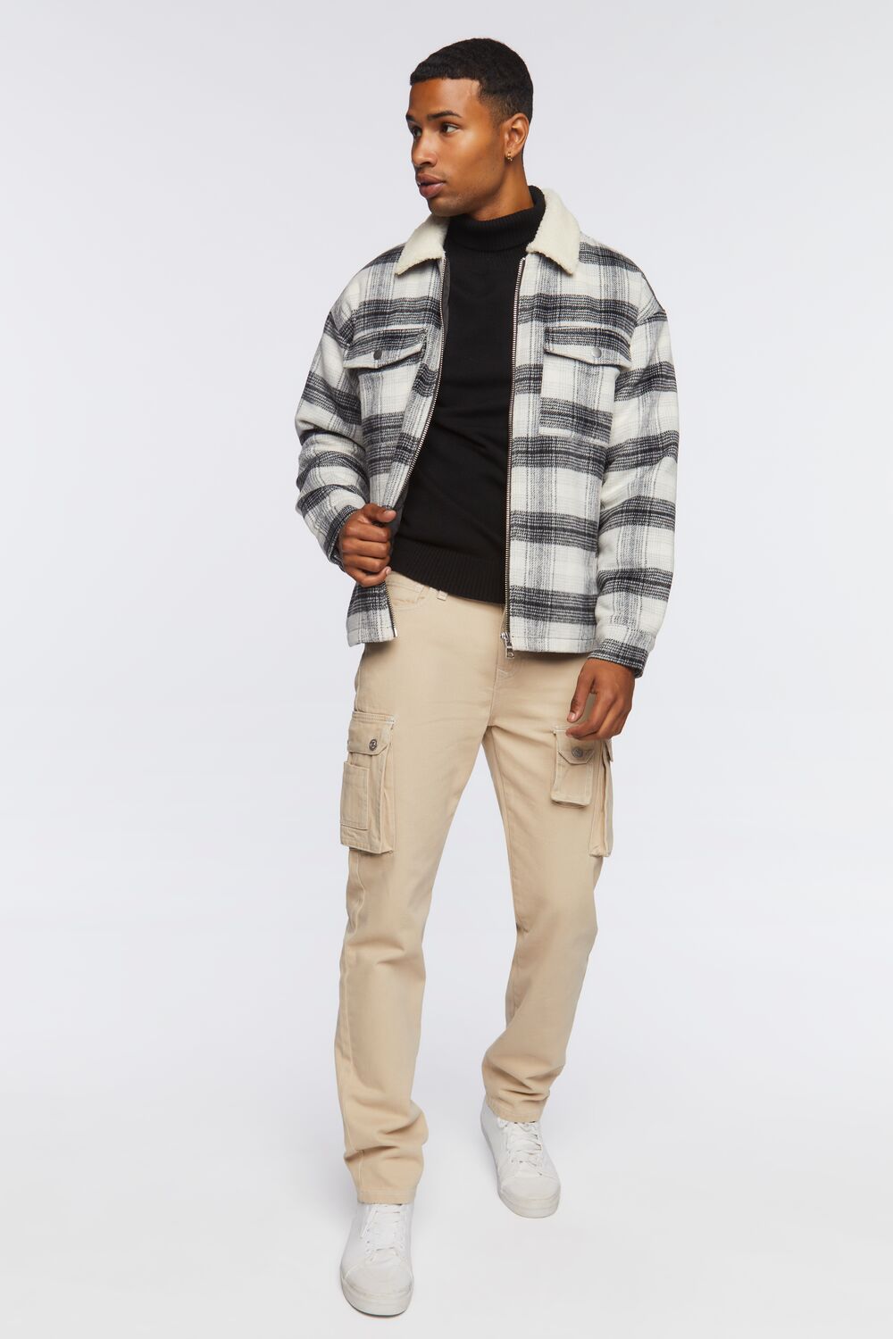 Faux Shearling-Trim Plaid Jacket