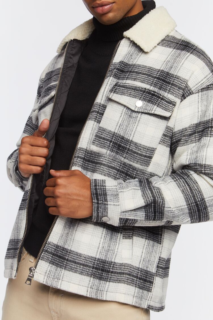 Faux Shearling-Trim Plaid Jacket