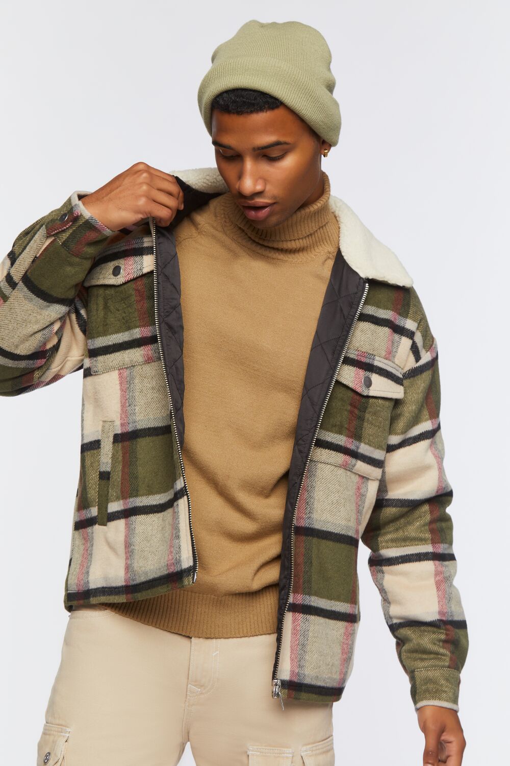 Faux Shearling-Trim Plaid Jacket