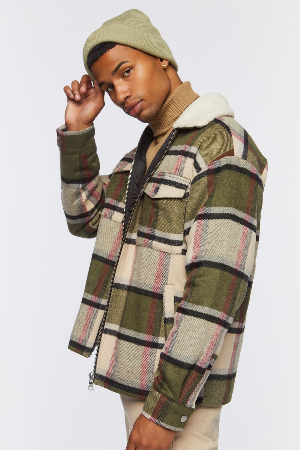Faux Shearling-Trim Plaid Jacket
