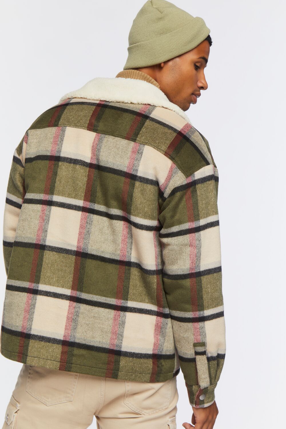 Faux Shearling-Trim Plaid Jacket
