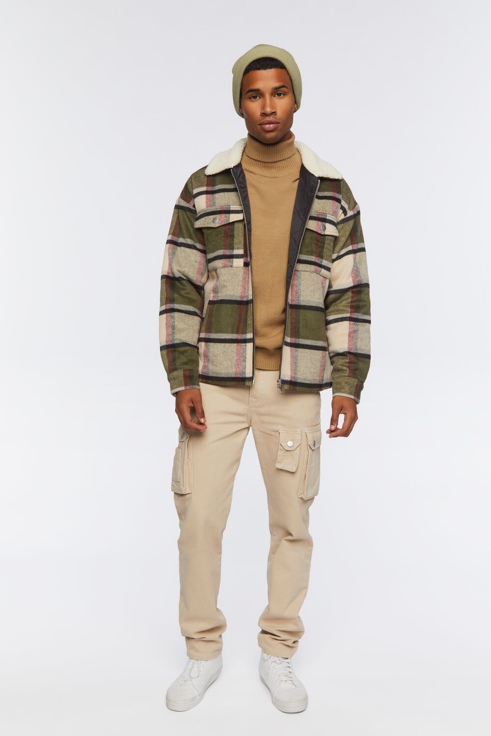 Faux Shearling-Trim Plaid Jacket