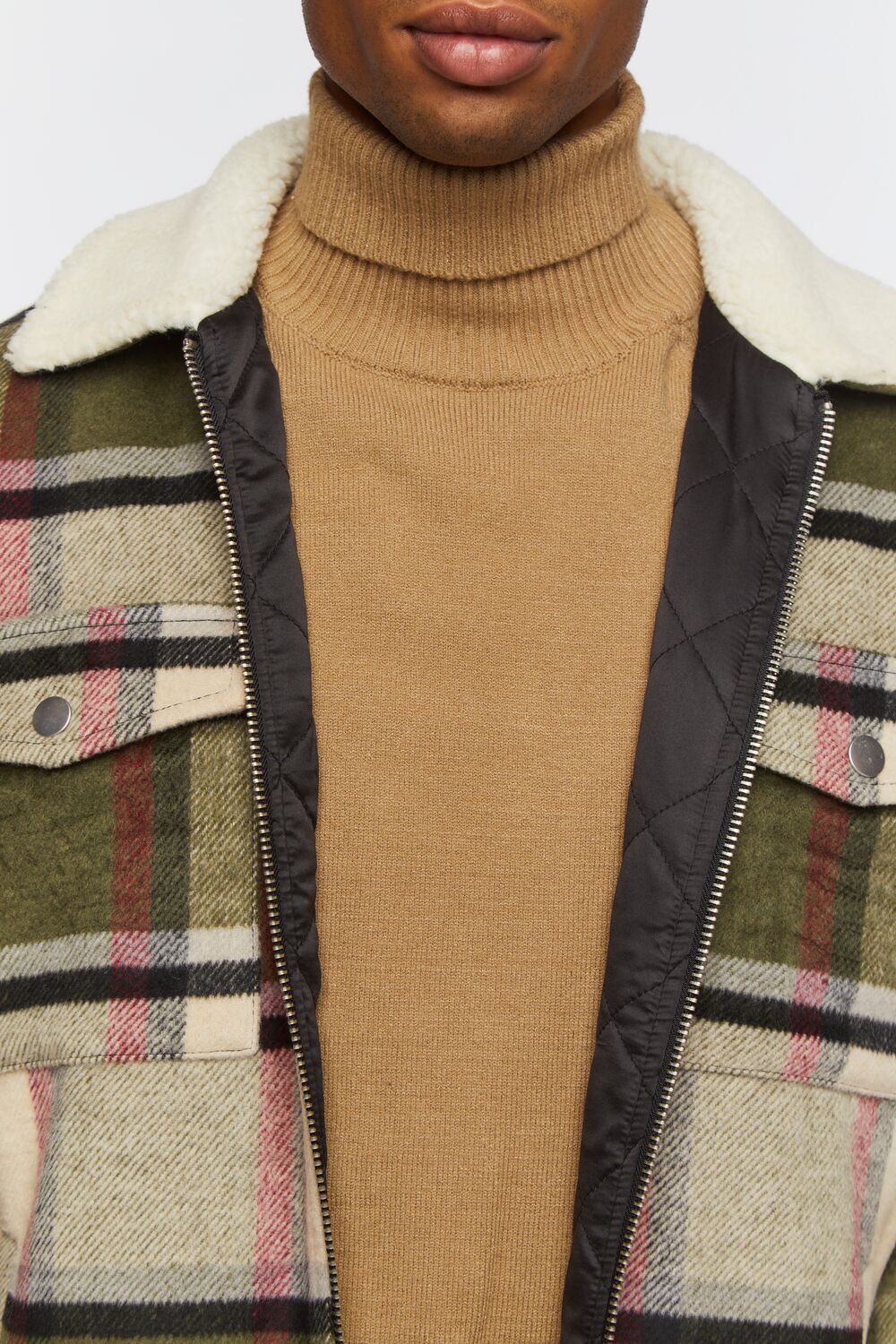 Faux Shearling-Trim Plaid Jacket