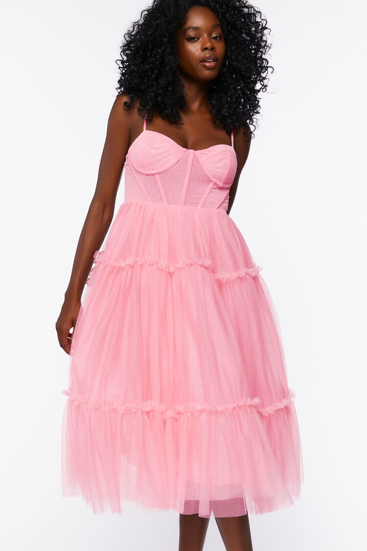 Tulle Ruffled Bustier Midi Dress