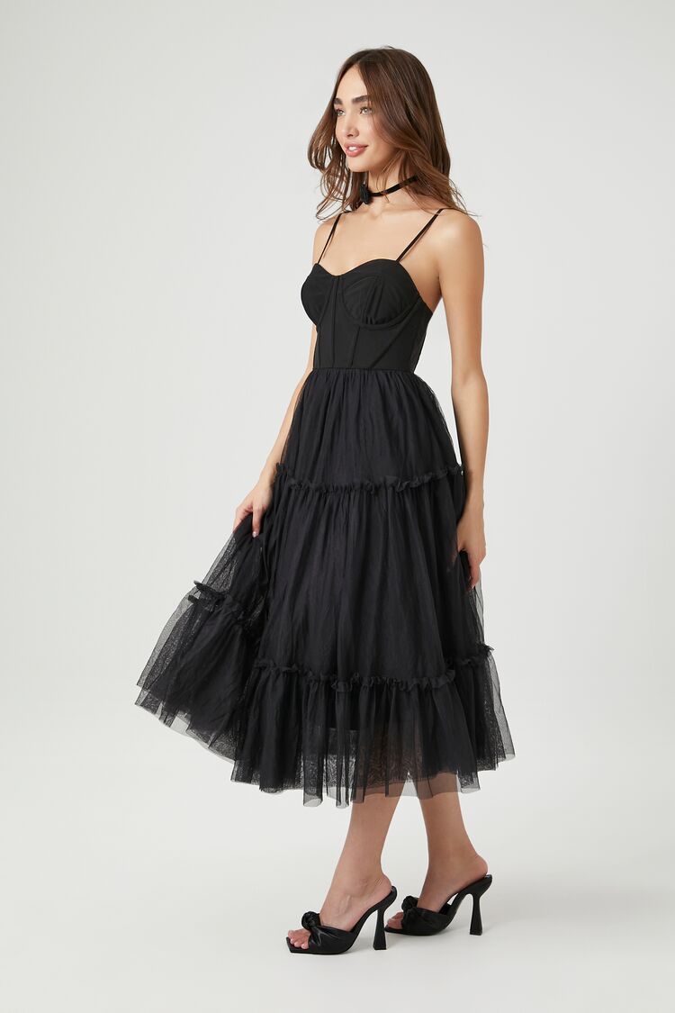 Tulle Ruffled Bustier Midi Dress