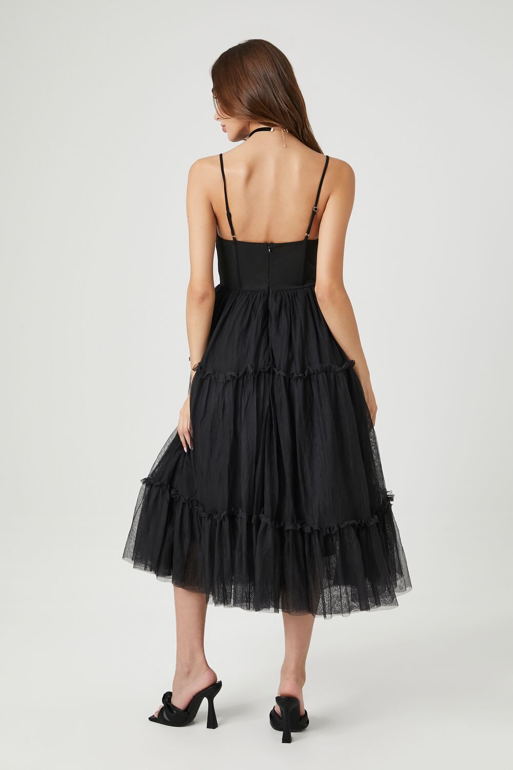Tulle Ruffled Bustier Midi Dress