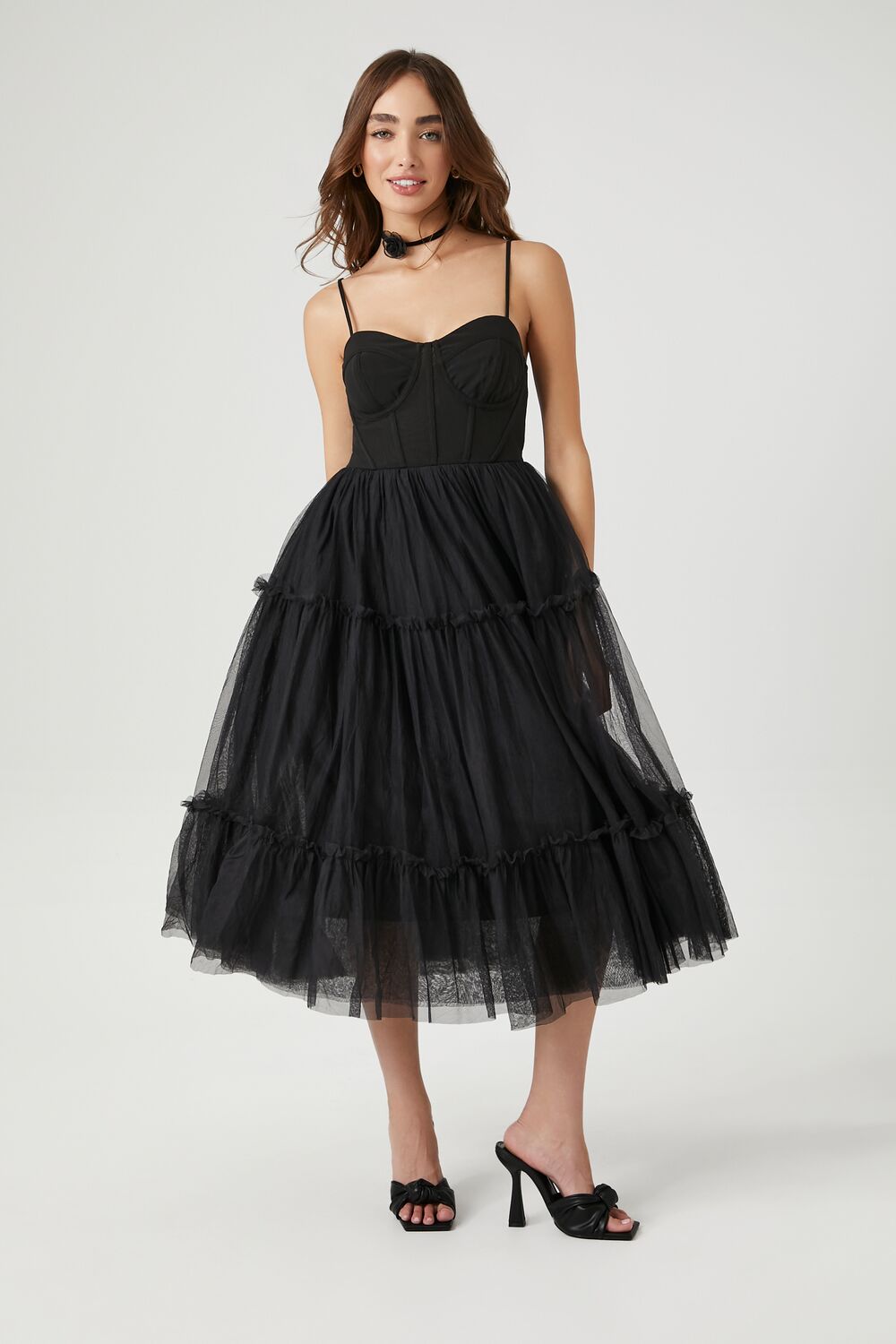 Tulle Ruffled Bustier Midi Dress