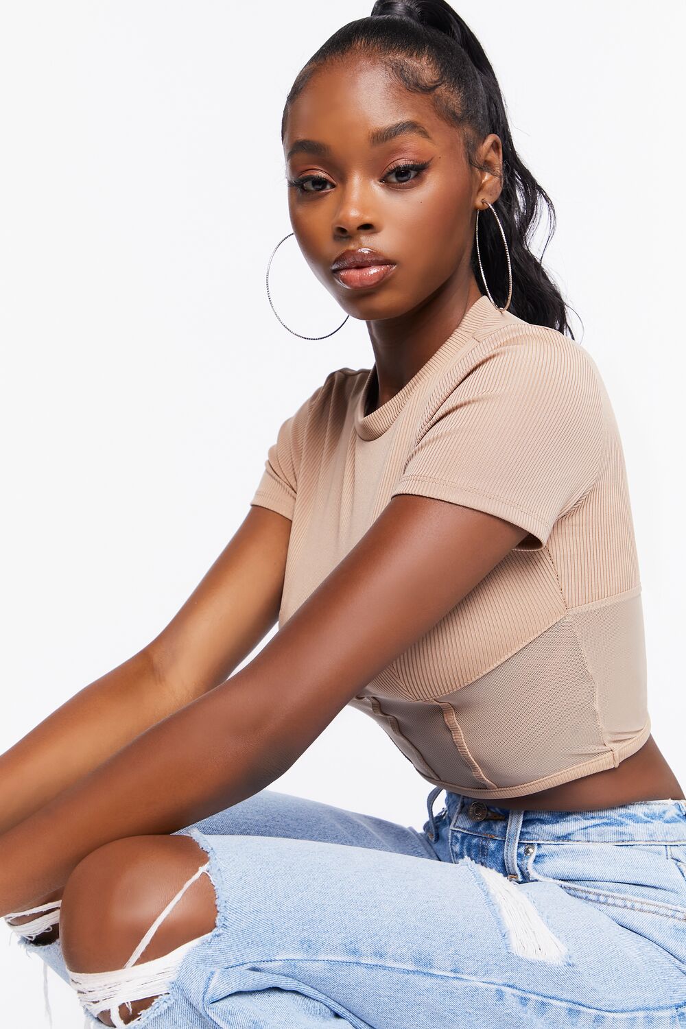 Ribbed Sheer Mesh Crop Top