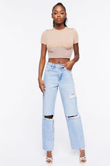 Ribbed Sheer Mesh Crop Top