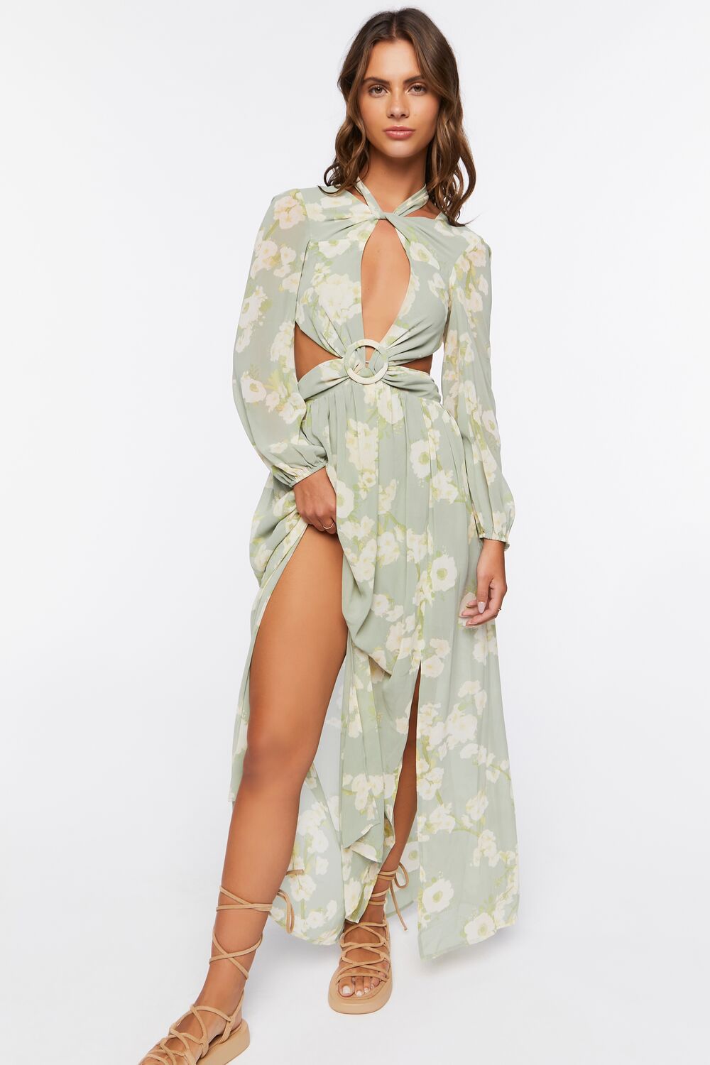 Floral Halter Cutout Maxi Dress