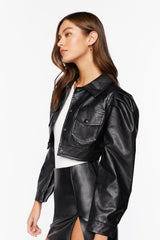 Faux Leather Cropped Trucker Jacket