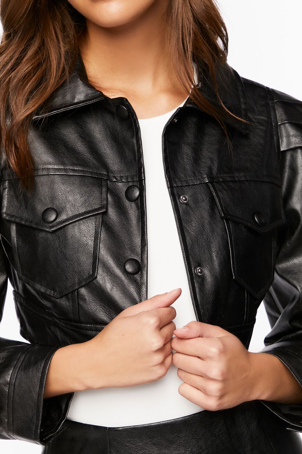 Faux Leather Cropped Trucker Jacket