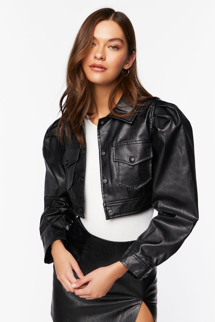 Faux Leather Cropped Trucker Jacket