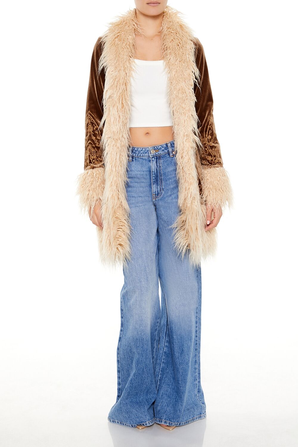 Faux Fur-Trim Embroidered Coat