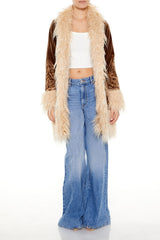 Faux Fur-Trim Embroidered Coat