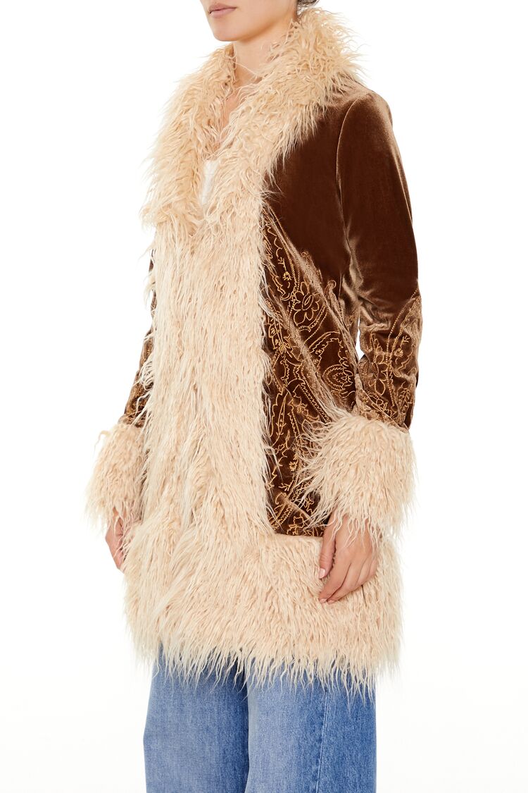 Faux Fur-Trim Embroidered Coat