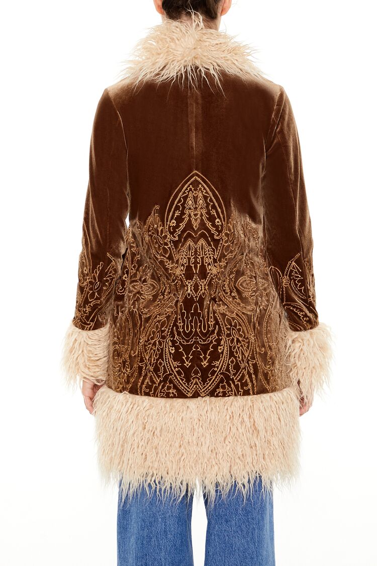 Faux Fur-Trim Embroidered Coat