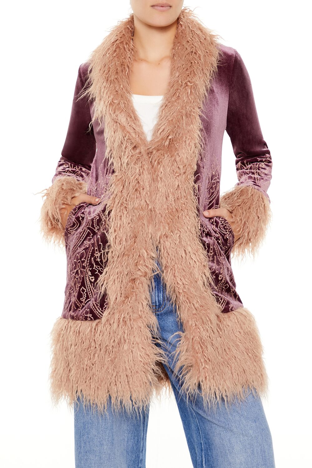 Faux Fur-Trim Embroidered Coat