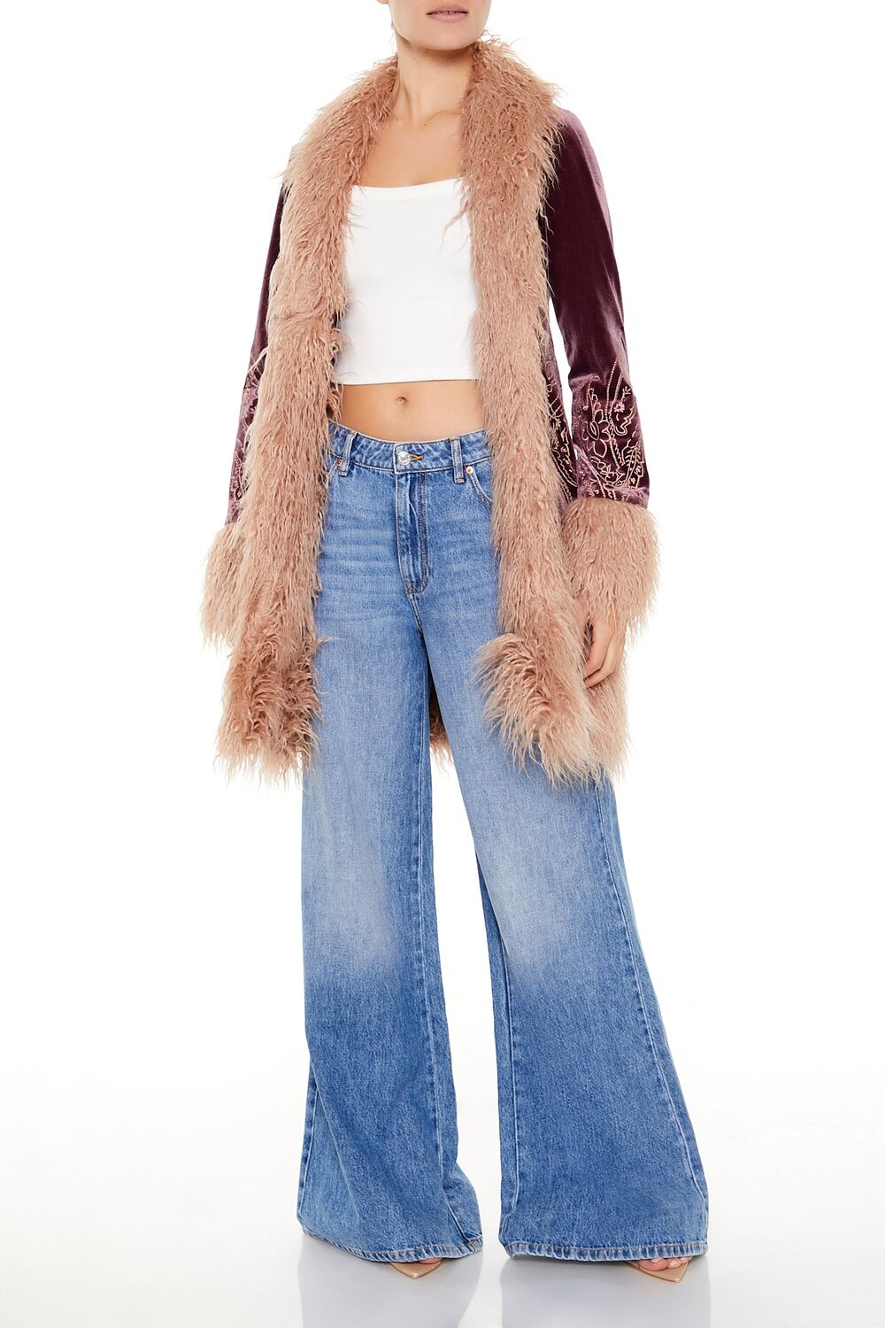 Faux Fur-Trim Embroidered Coat