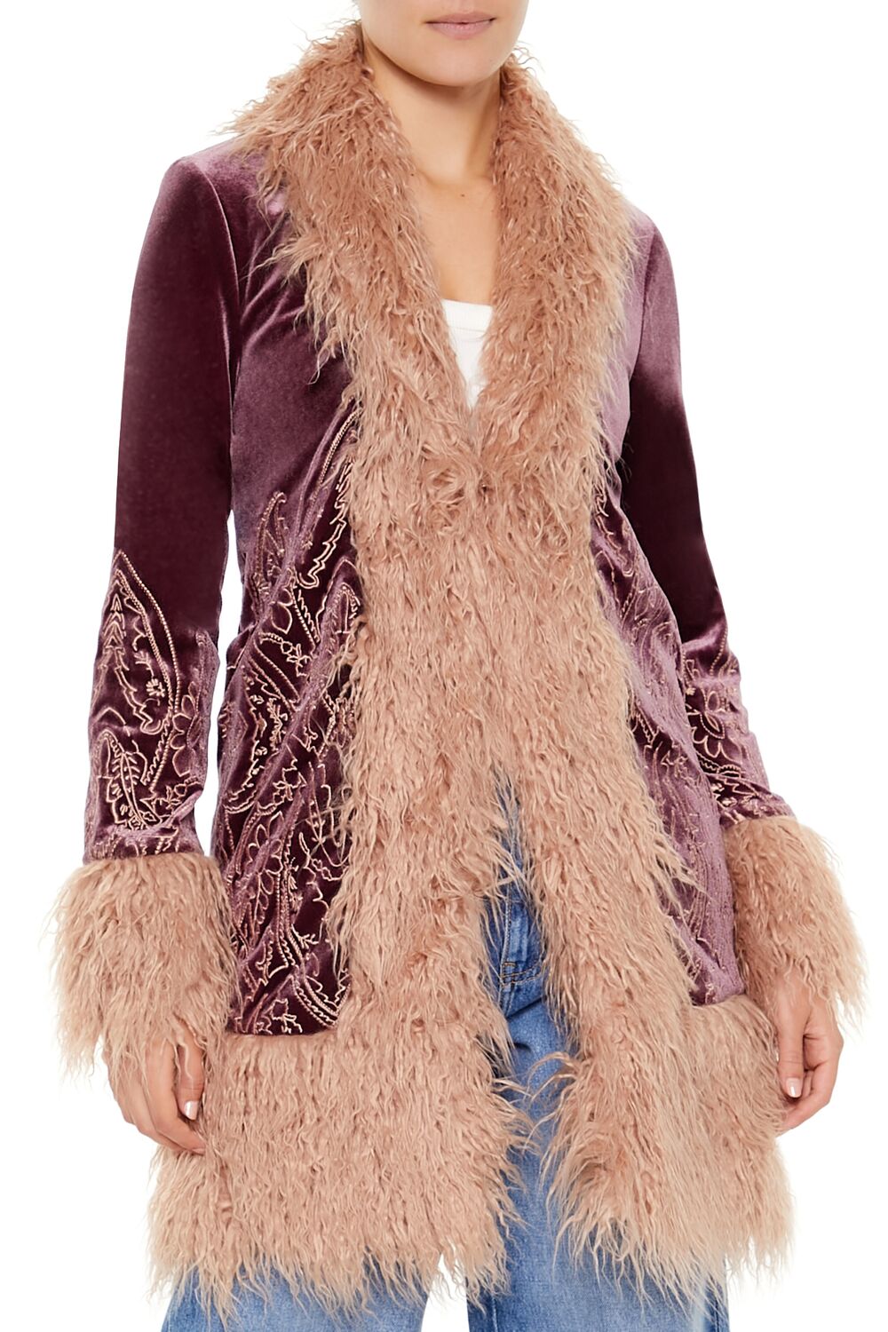 Faux Fur-Trim Embroidered Coat