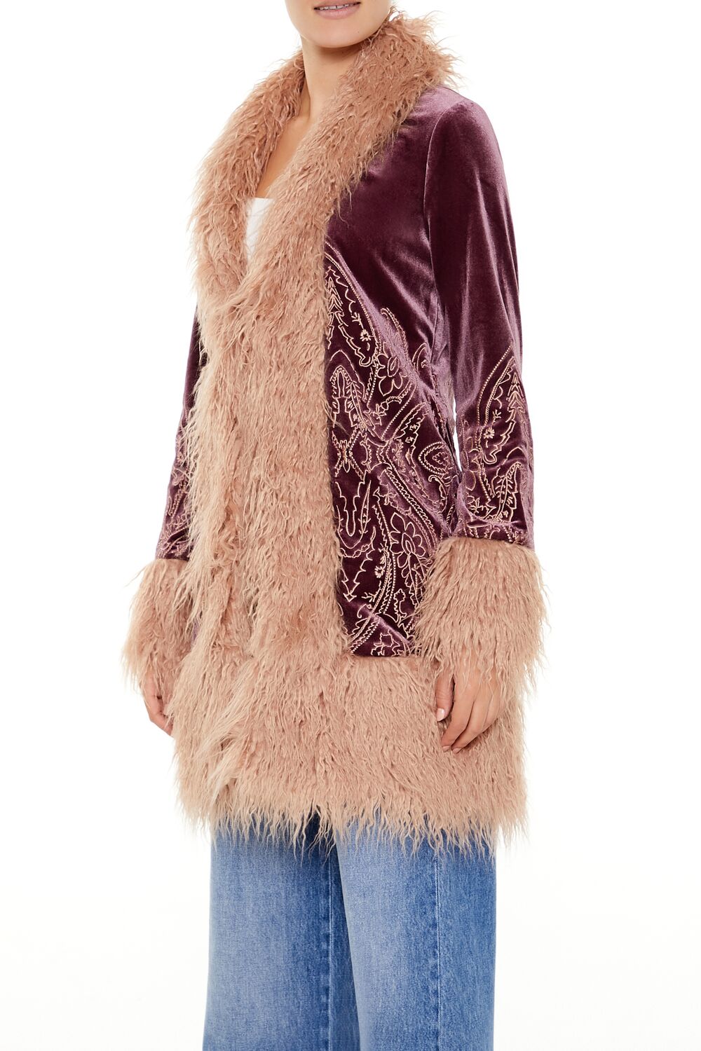 Faux Fur-Trim Embroidered Coat