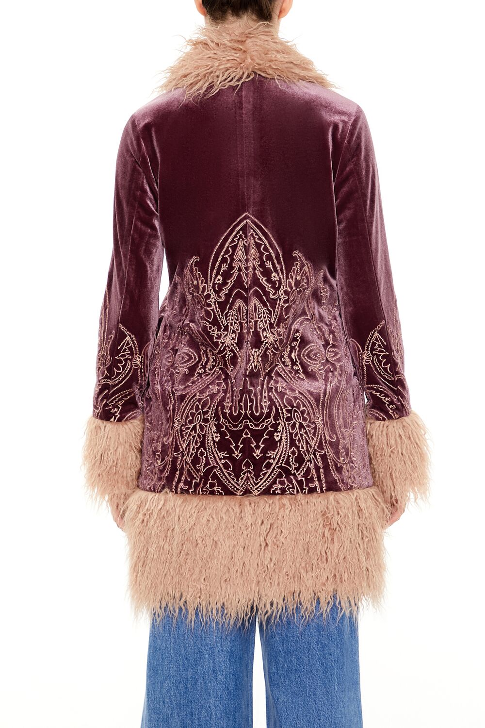 Faux Fur-Trim Embroidered Coat