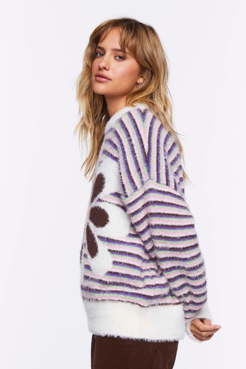 Fuzzy Striped Floral Graphic Sweater