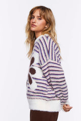 Fuzzy Striped Floral Graphic Sweater
